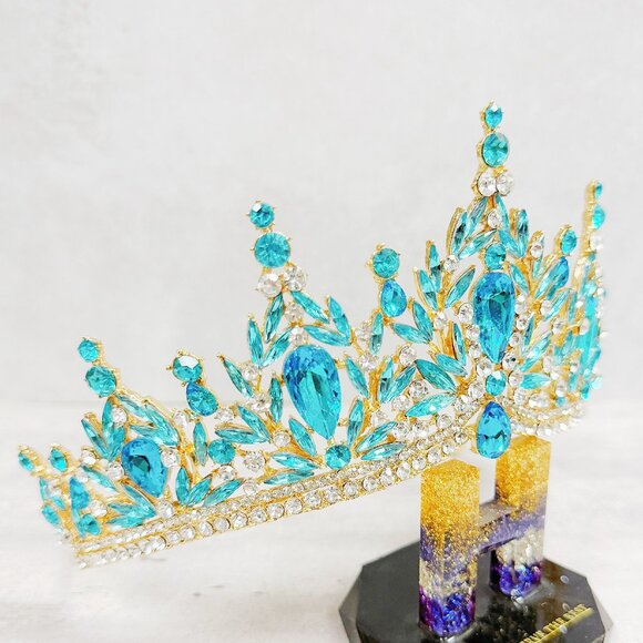 bridal headpiece, ocean blue crystal, princess tiara, gold tiara, fairy crown main image 4